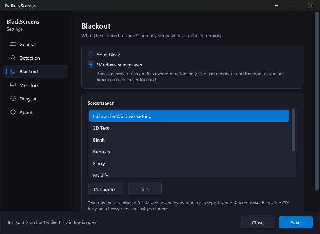 The Blackout page, choosing between solid black and a Windows screensaver