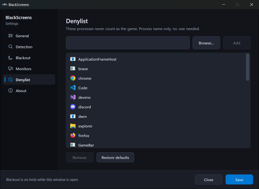 The Denylist page listing processes with their program icons