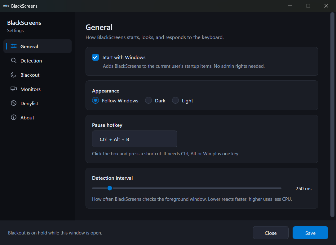 The General page of BlackScreens settings, showing start with Windows, theme, pause hotkey and detection interval
