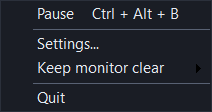 The BlackScreens tray menu with a checkable Pause item showing the Ctrl Alt B shortcut